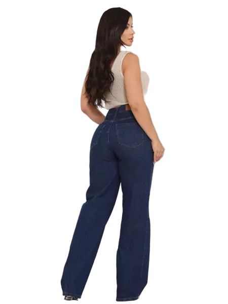 Calça Jeans Feminina Wide Leg Cintura Alta Reta Pantalona
