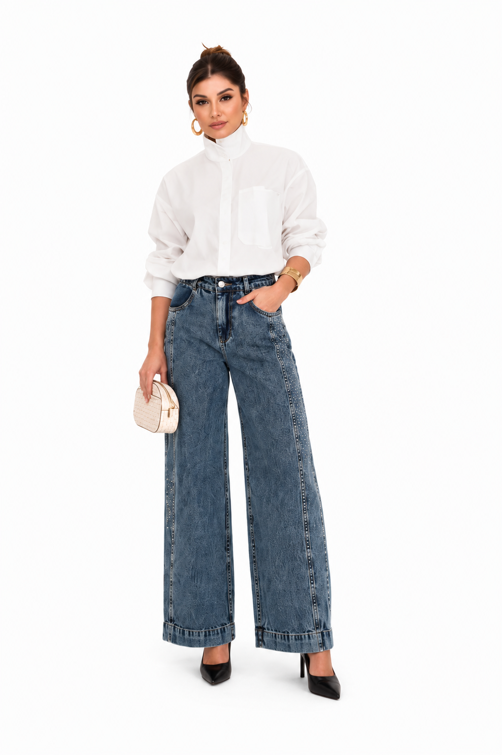 Calça Feminina Wide Lag Jeans Estonada Confortável