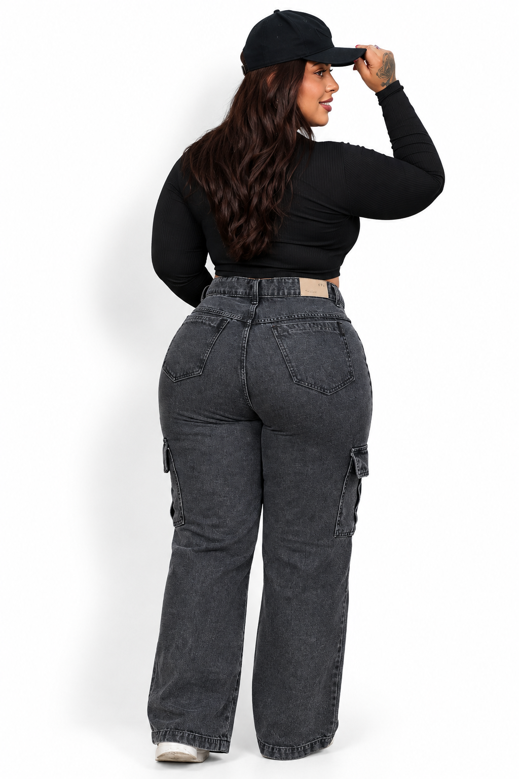 Calça Jeans Wide Leg Cargo Plus Size Cintura Alta