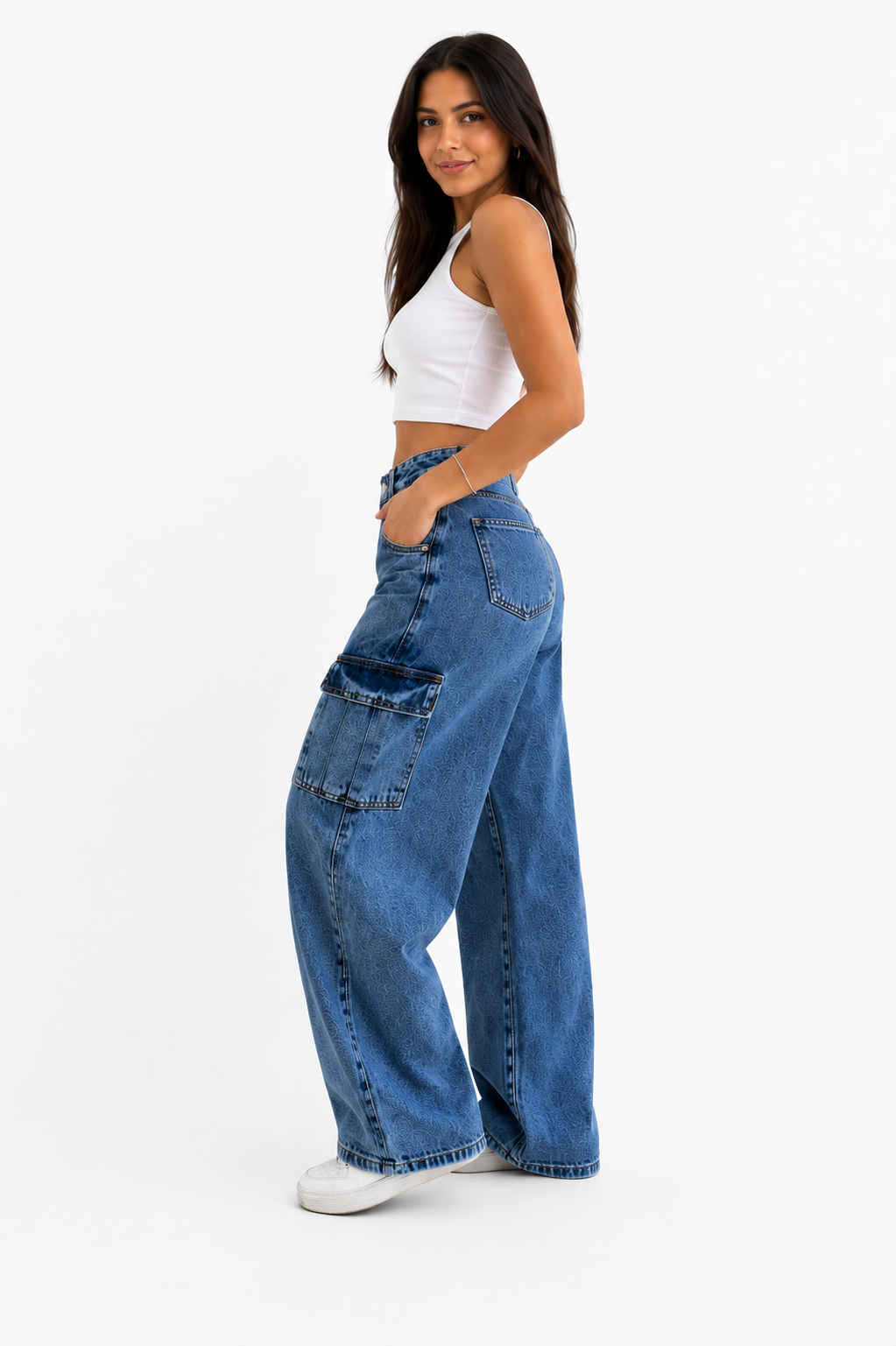 Calça Feminina Infantil Wide Leg Cargo Jeans com Bolsos Laterais