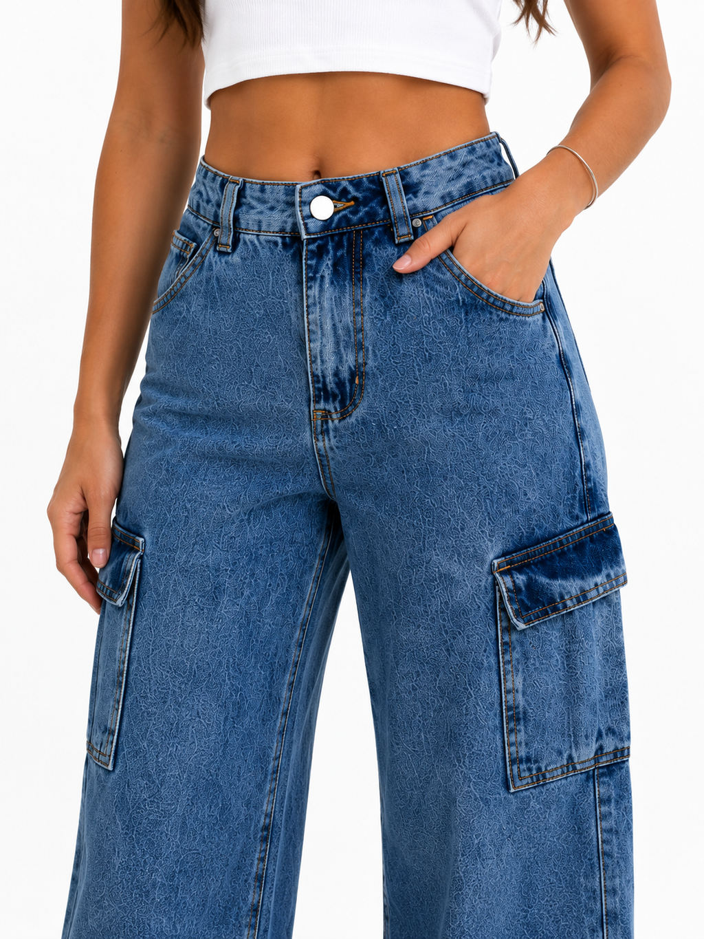 Calça Feminina Infantil Wide Leg Cargo Jeans com Bolsos Laterais