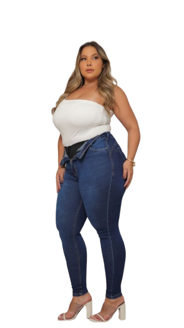 Calça Jeans Cigarrete Plus Size Super Lipo Cintura Alta Modeladora Feminina com Elastano