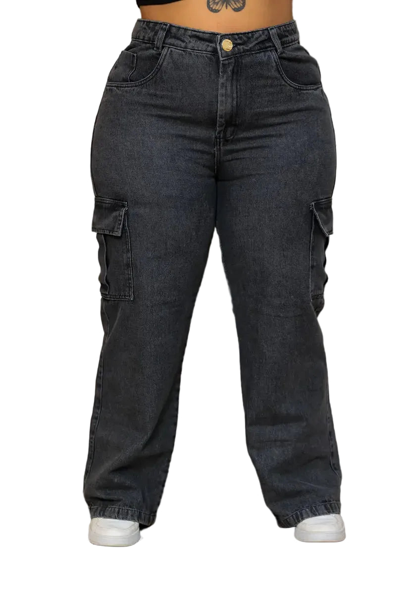 Calça Jeans Wide Leg Cargo  Cintura Alta