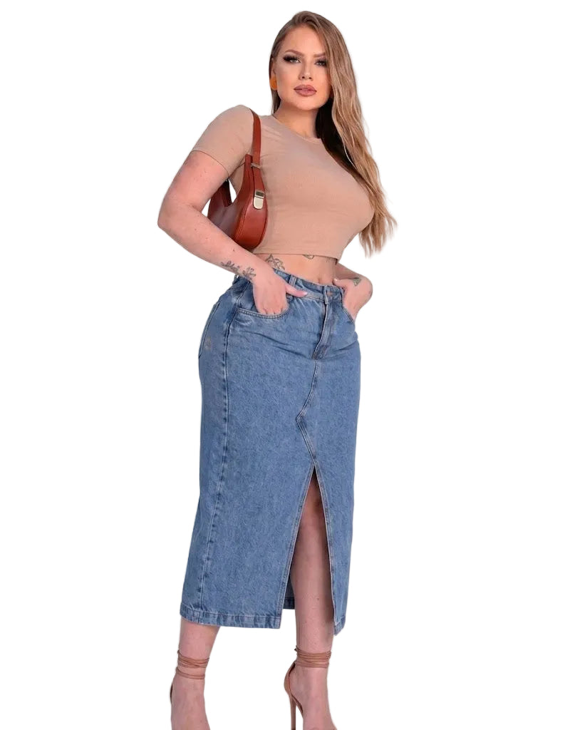 Saia Jeans Feminina Midi Abertura Frontal