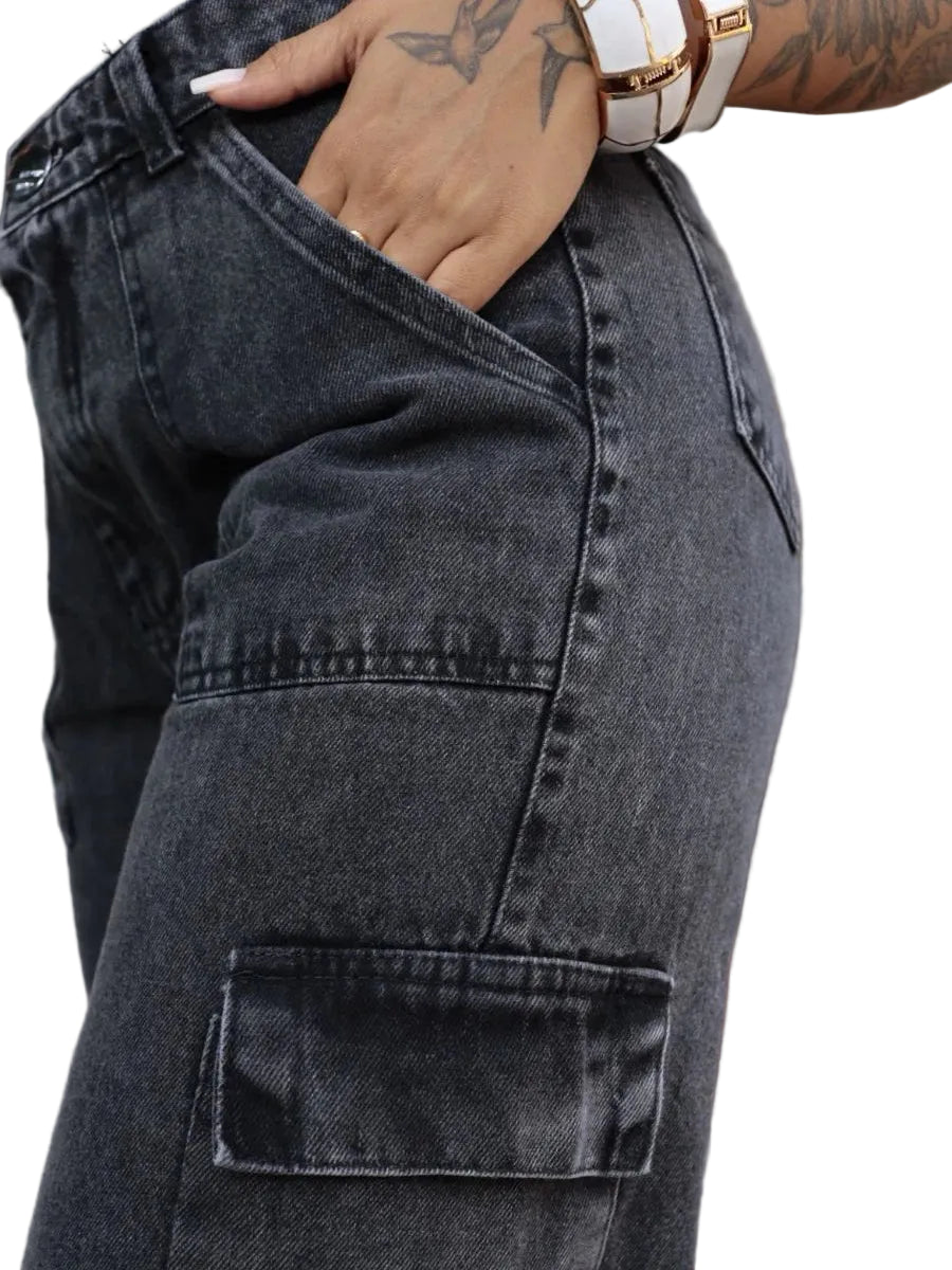 Calça Jeans Wide Leg Cargo  Cintura Alta