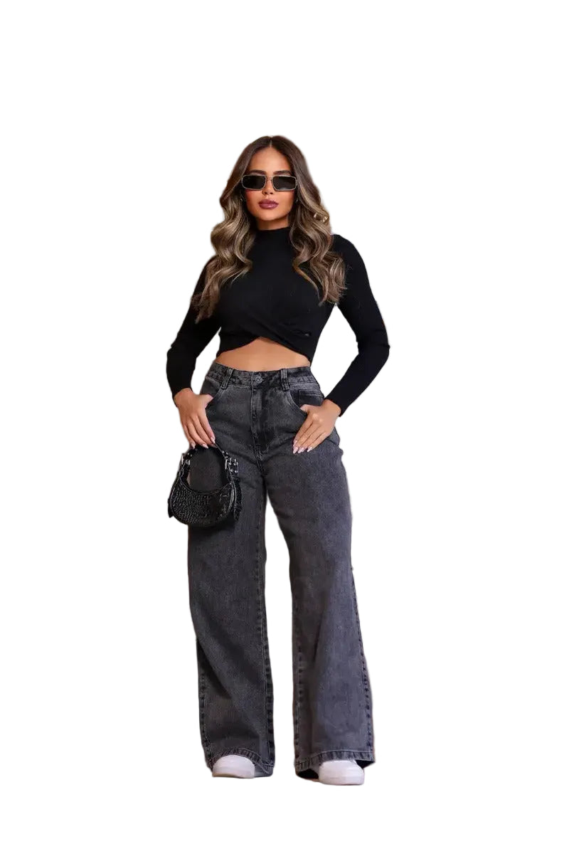 Calça Jeans Wide Leg Cargo Feminino