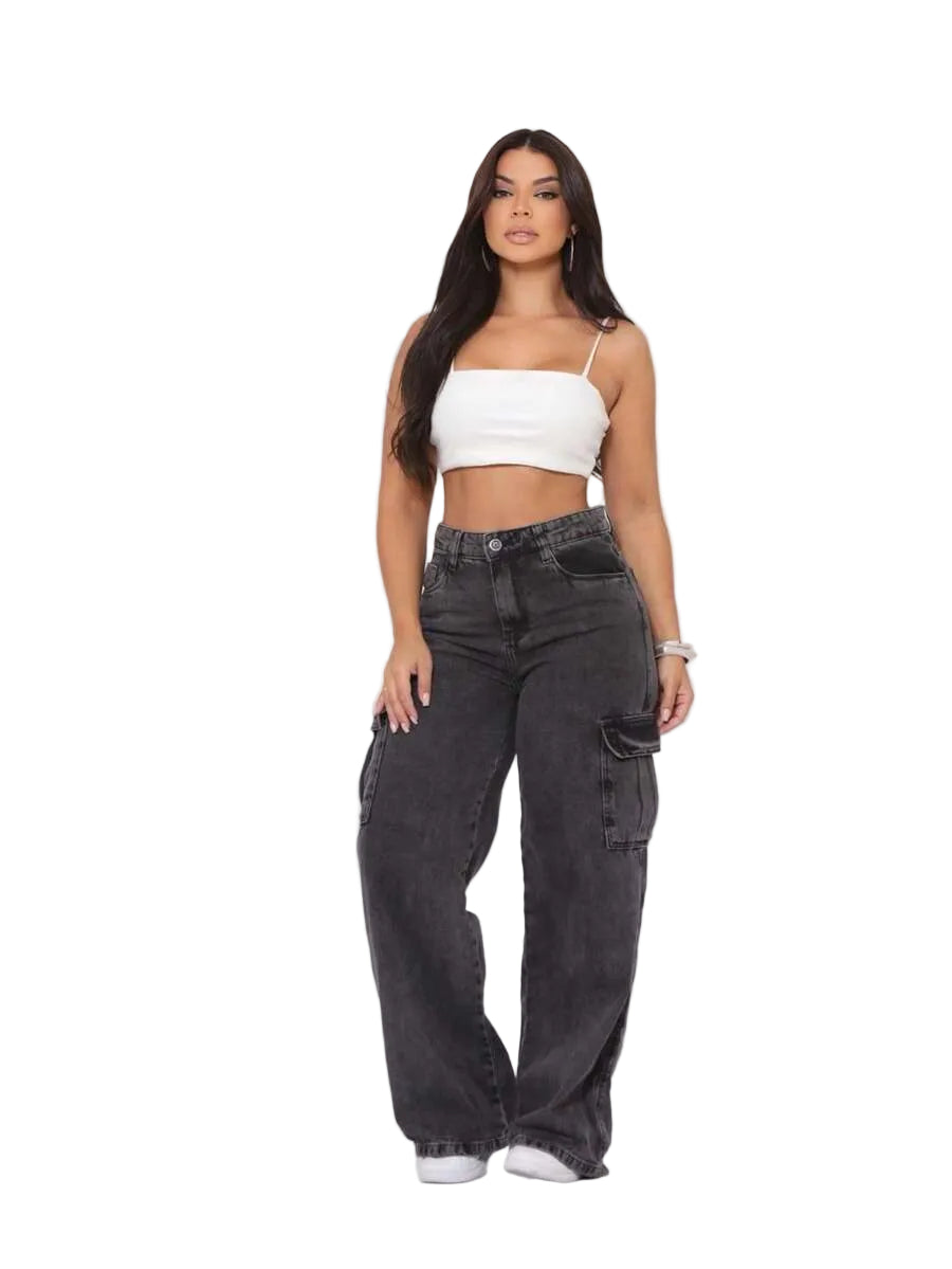 Calça Wide Cargo Jeans Feminina
