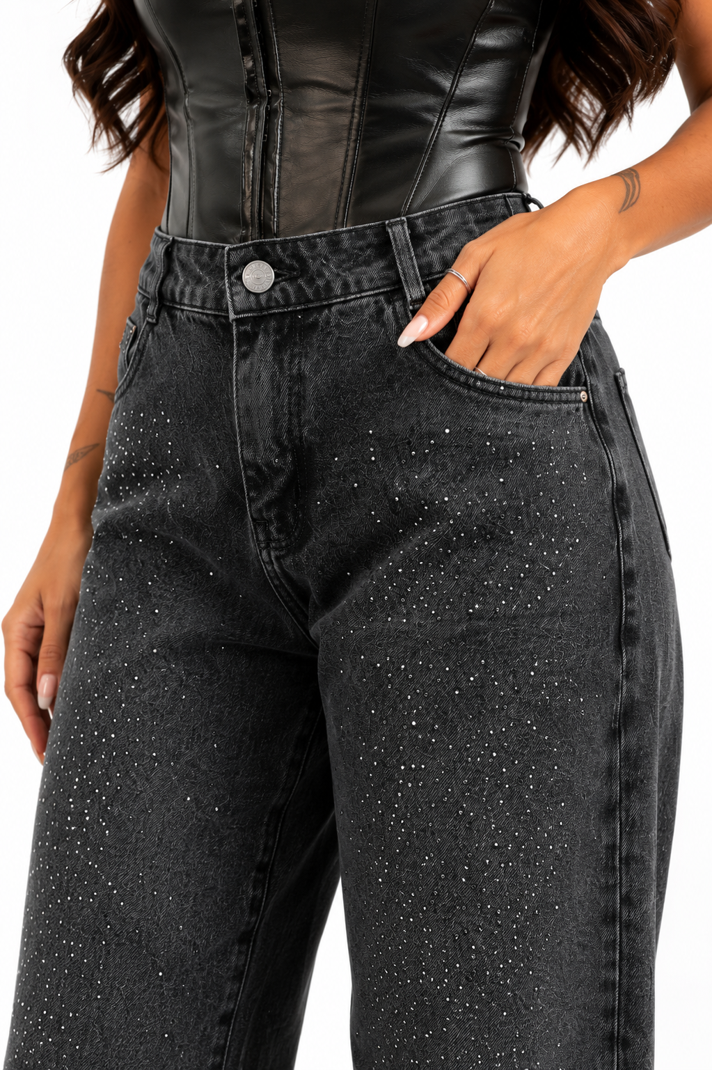 Calça Jeans Barril com Strass Brilhante