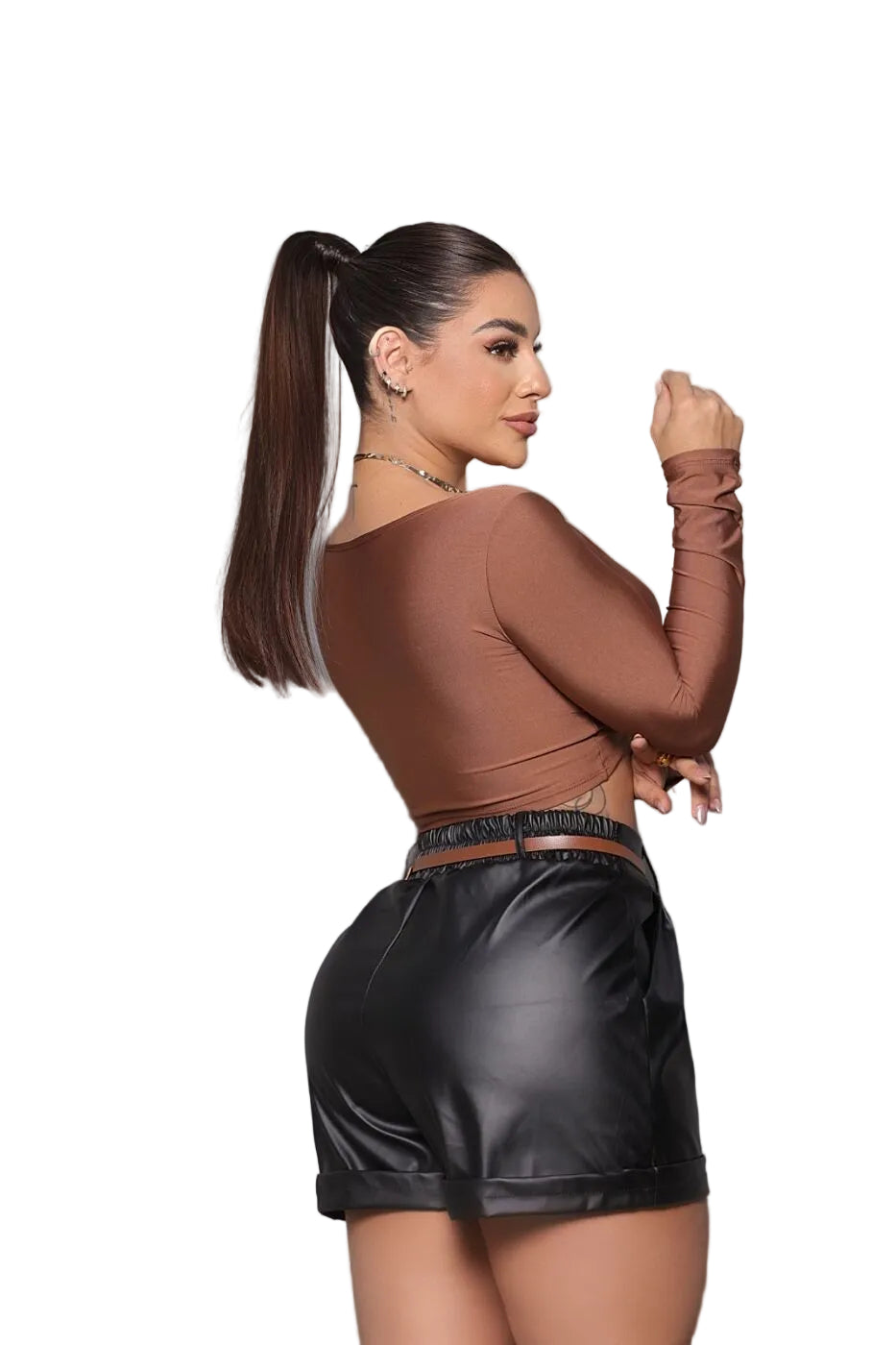 Shorts Feminino Resinado Cintura Alta com Cinto