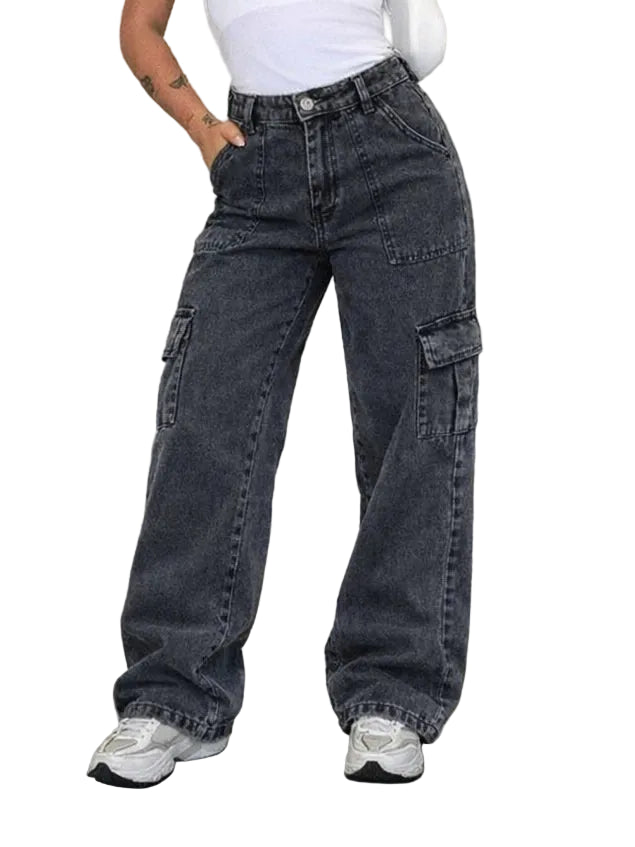 Calça Jeans Wide Leg Cargo  Cintura Alta