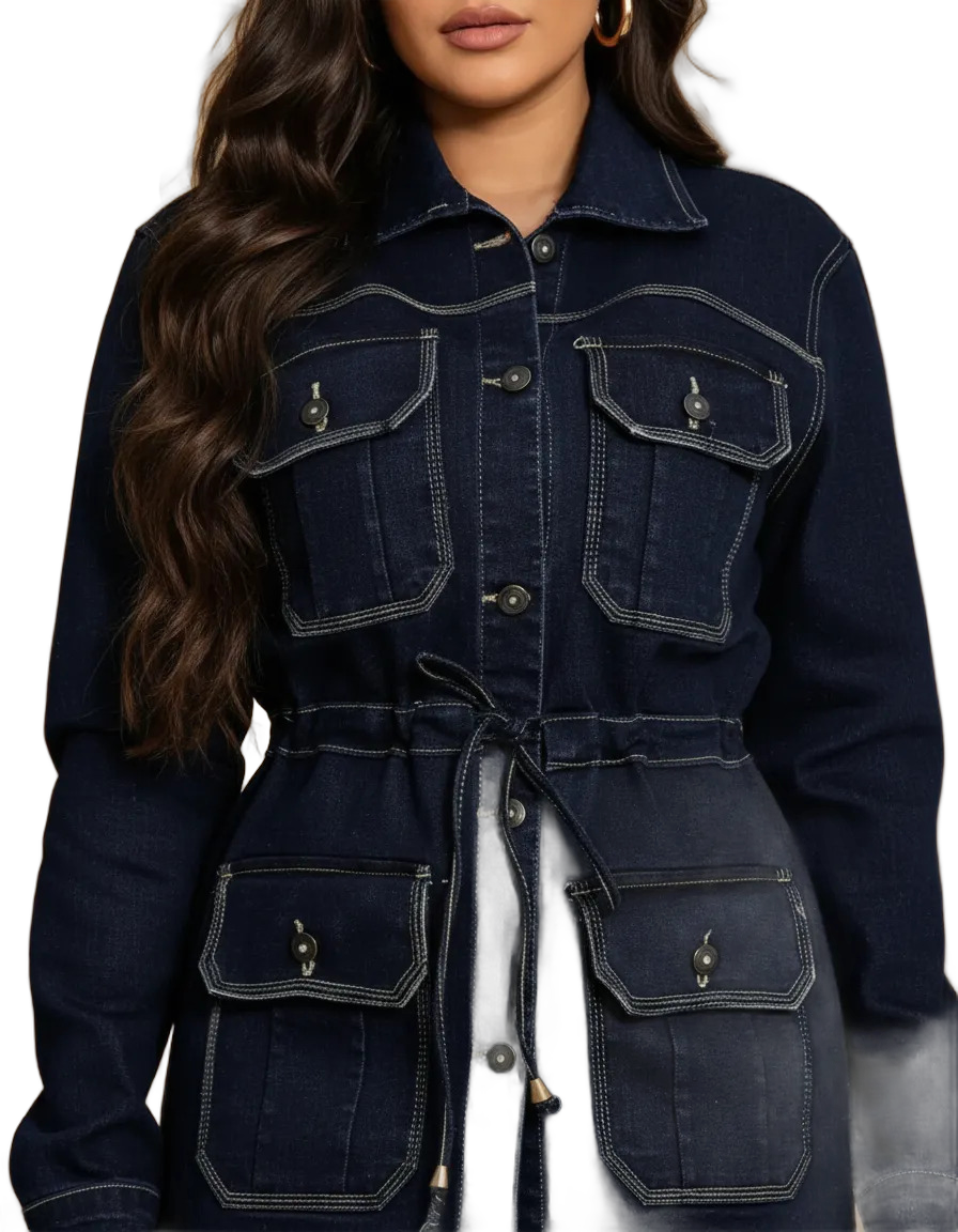 Jaqueta Parka Jeans Feminina Sobretudo Forrado Com Bolsos