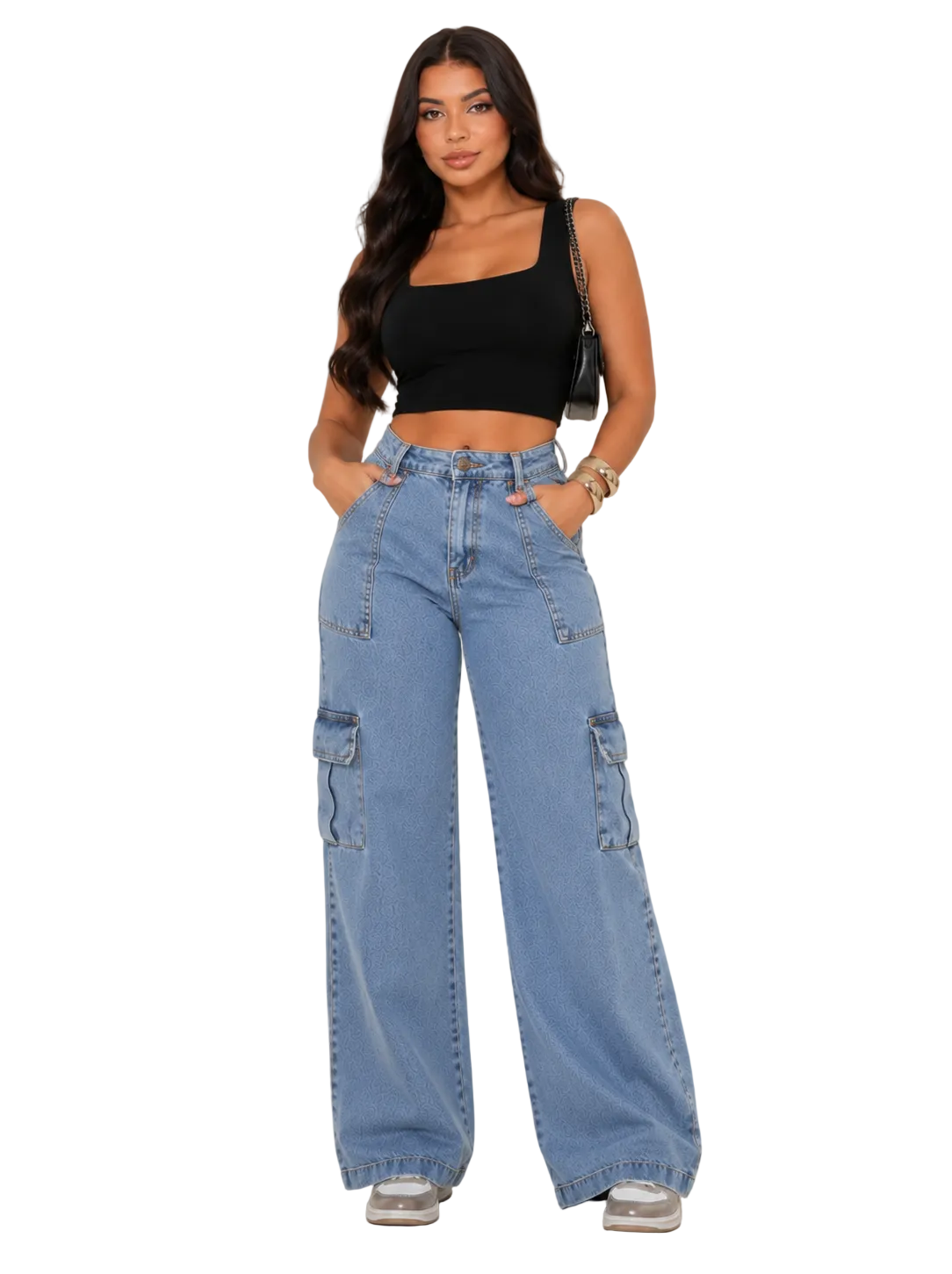 Calça Jeans Wide Leg Feminina Cargo Levanta Bumbum Cintura Alta 100 % Algodão