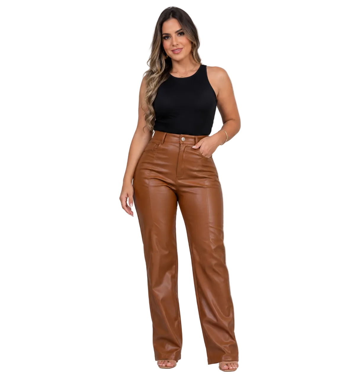 Calça Feminina Resinada Cintura Alta Pantalona Couro Sintético