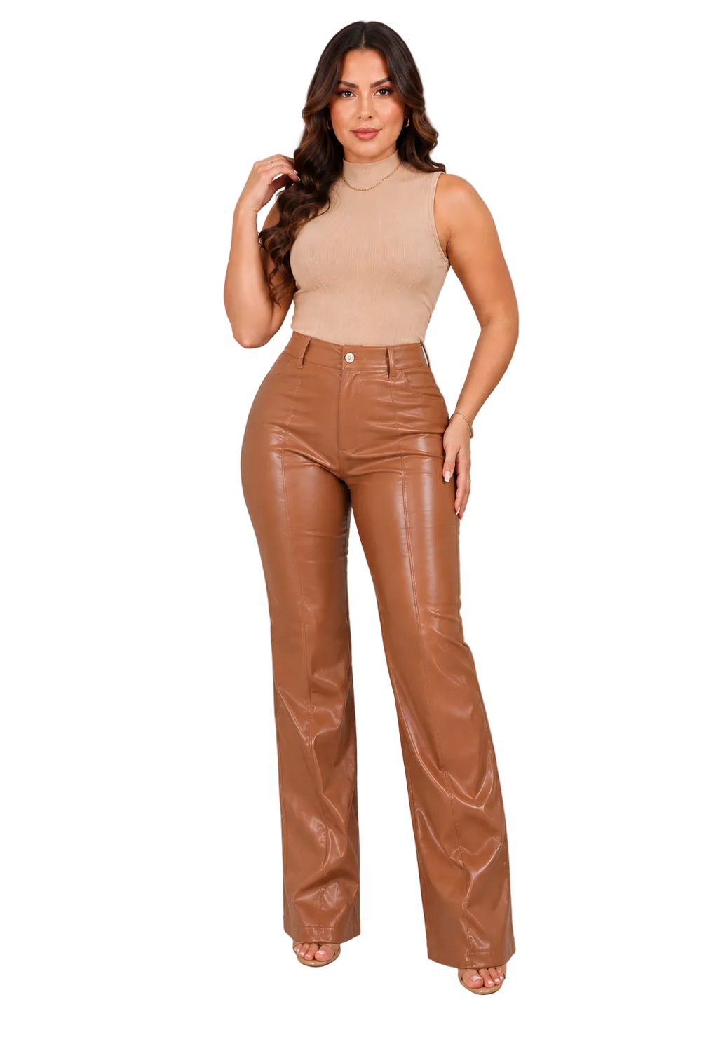 Calça Feminina Resinada Cintura Alta Pantalona Couro Sintético