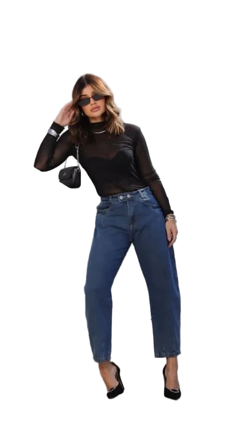 Calça Feminina Barrel Jeans Médio 100% Algodão Cintura Alta