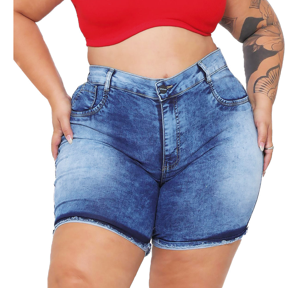Short Jeans Feminino Plus Size Barra Dobrada E Desfiada