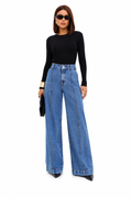 Calça Jeans Feminina Wide Leg Jeans Médio Cintura Alta Elegante