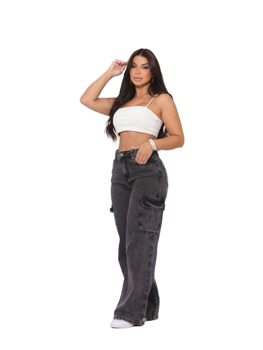 Calça Wide Cargo Jeans Feminina