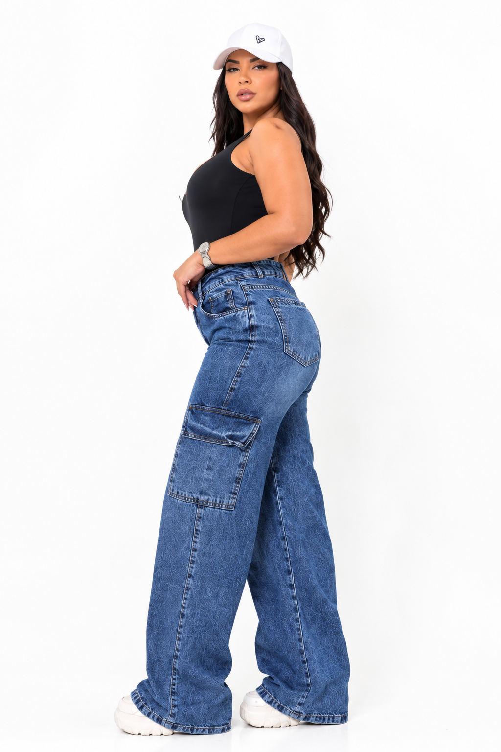 Calça Wide Leg Cargo Jeans Azul Alta Qualidade