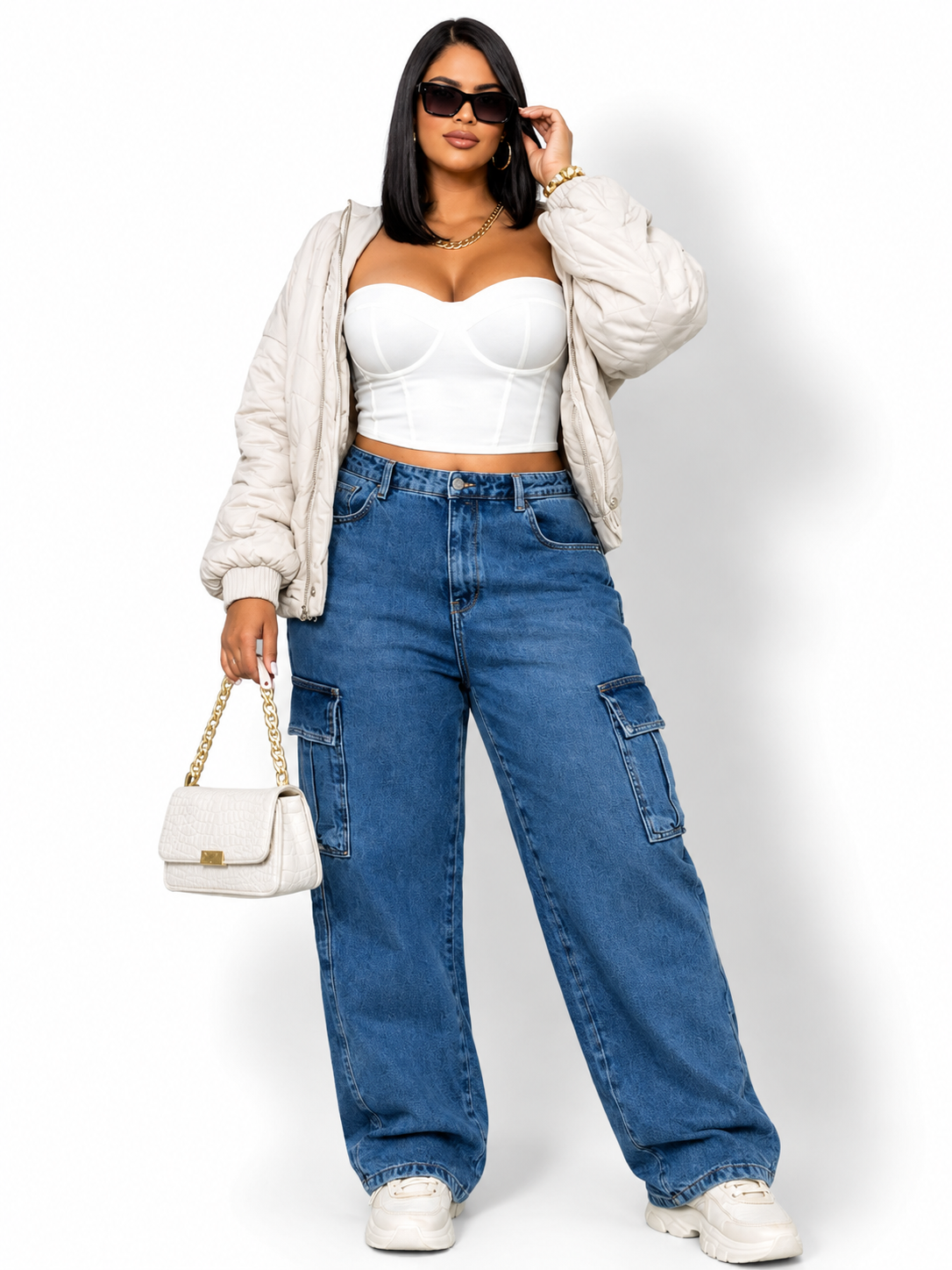 Calça Jeans Wide Cargo Plus Size Empina Bumbum Moda Blogueira