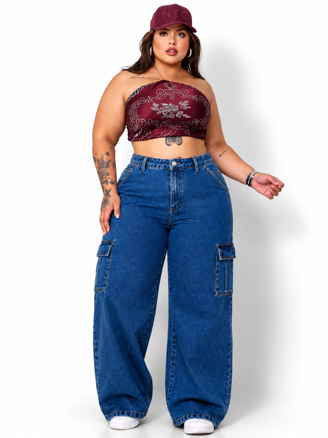 Calça Jeans Wide Cargo Plus Size Empina Bumbum Moda Blogueira