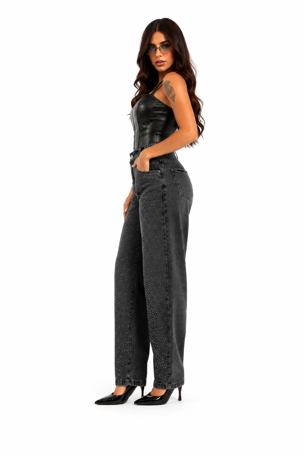 Calça Jeans Barril com Strass Brilhante