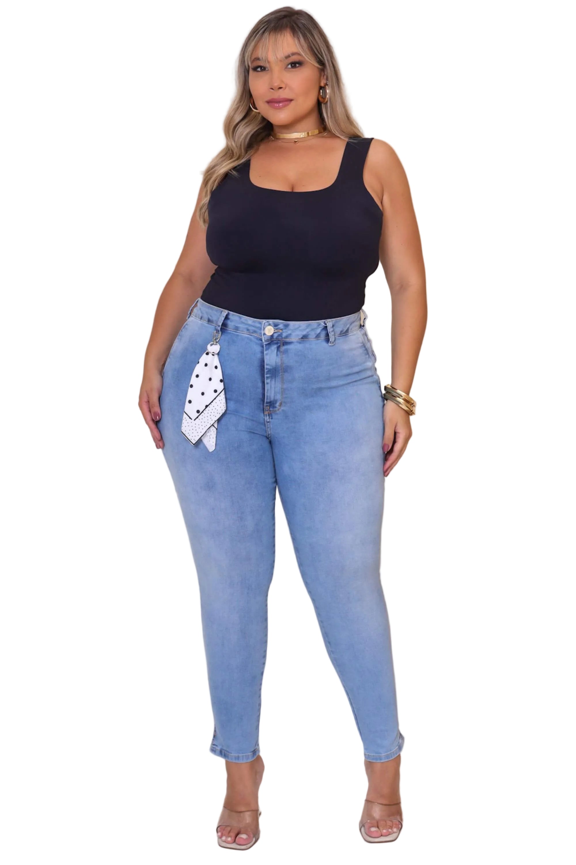 Calça Jeans Feminina Cigarrete Com Lenço