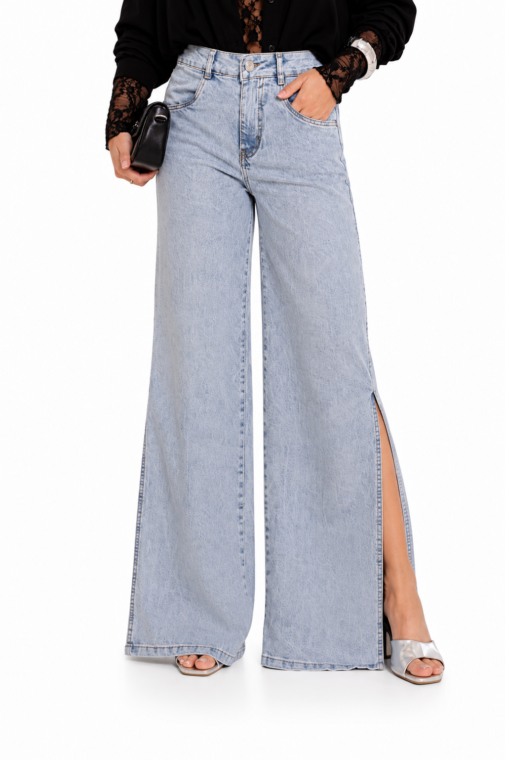 Calça Jeans Feminina Wide Leg Jeans Médio Cintura Alta Pantalona Clara