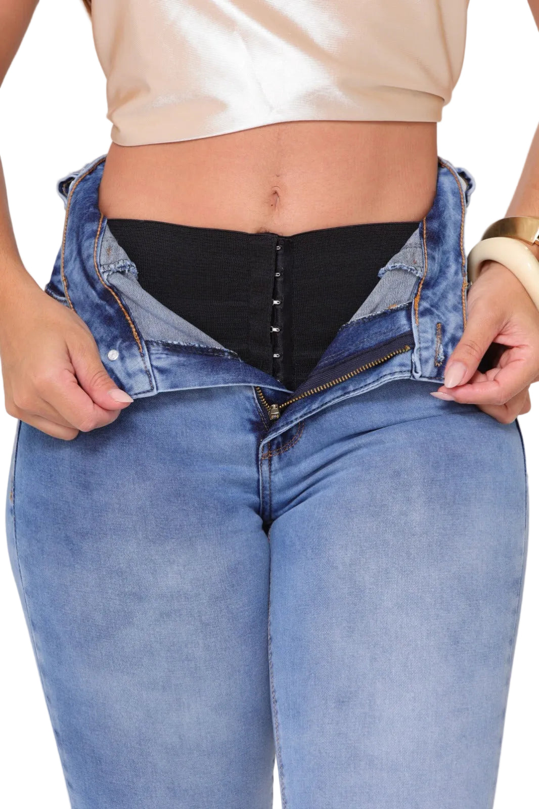 Calça Jeans Feminina Skinny Cinta Interna Modeladora Cintura Alta com Elastano