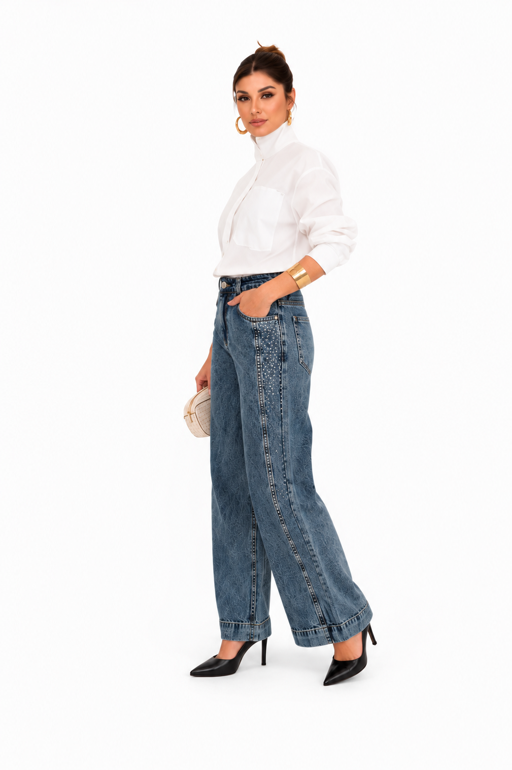 Calça Feminina Wide Lag Jeans Estonada Confortável