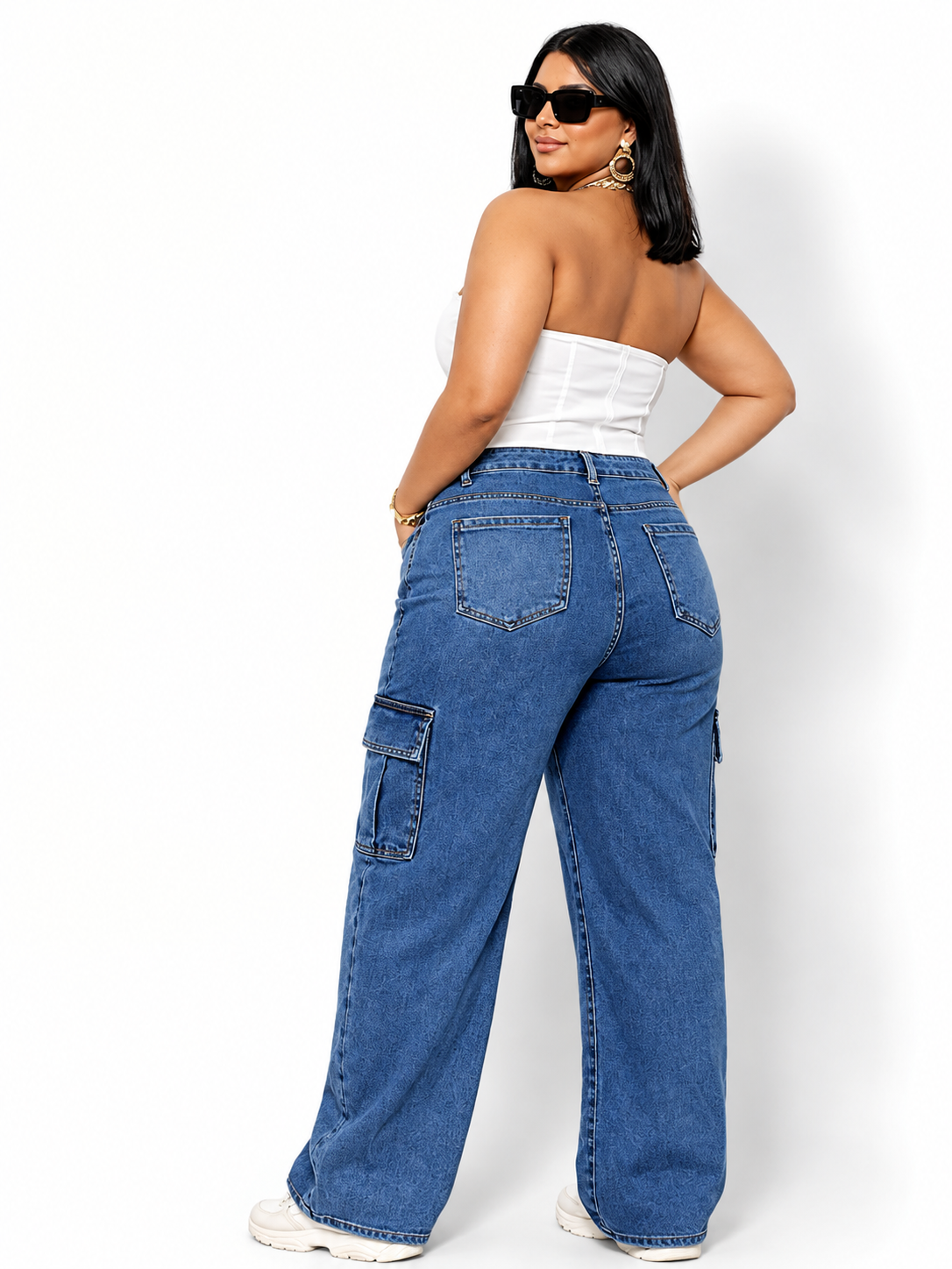 Calça Jeans Wide Cargo Plus Size Empina Bumbum Moda Blogueira