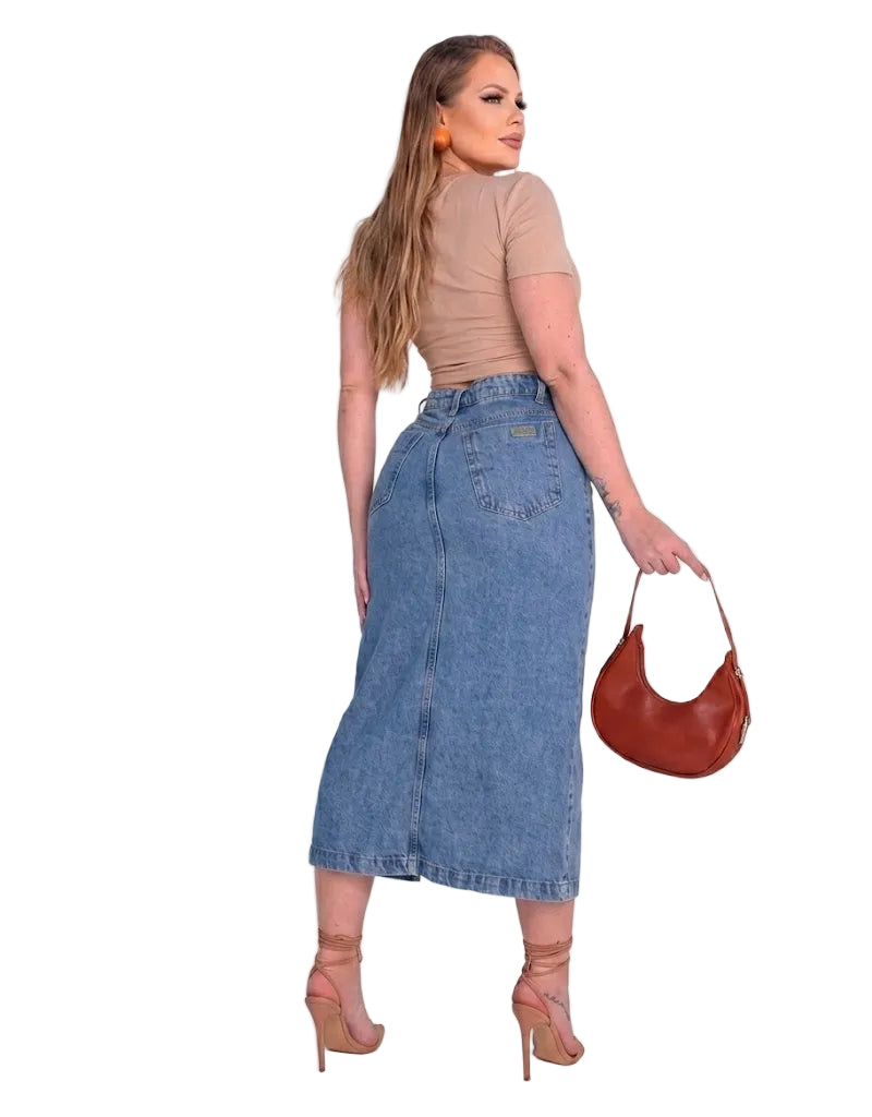 Saia Jeans Feminina Midi Abertura Frontal