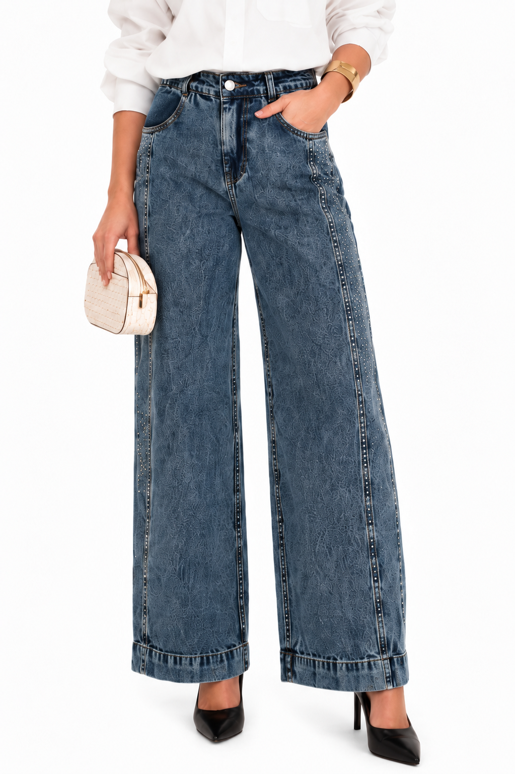 Calça Feminina Wide Lag Jeans Estonada Confortável