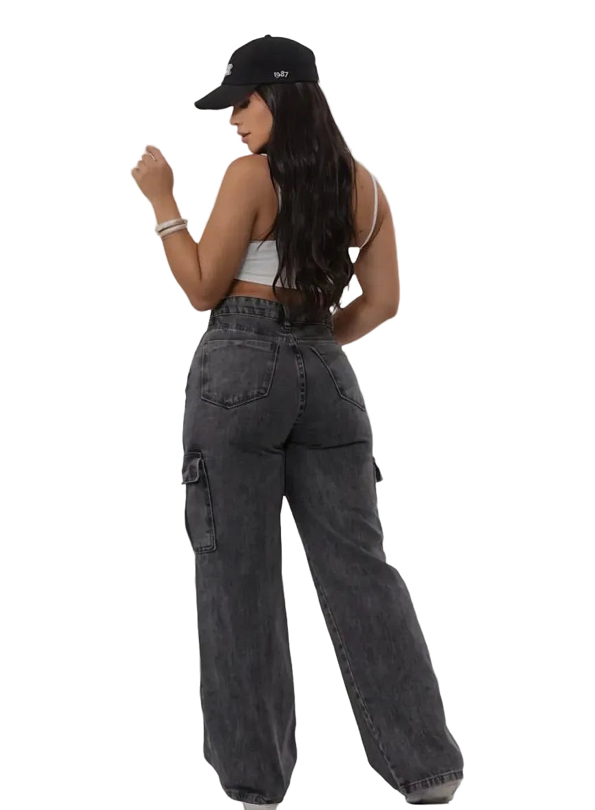 Calça Wide Cargo Jeans Feminina