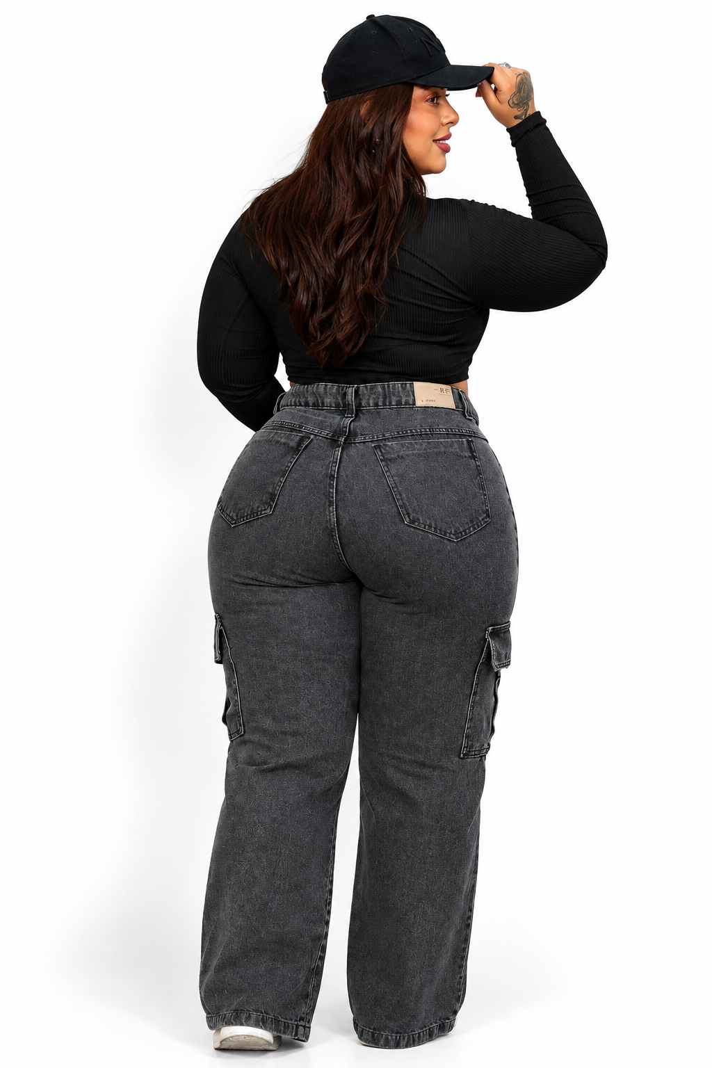 Calça Jeans Wide Leg Cargo Plus Size Cintura Alta