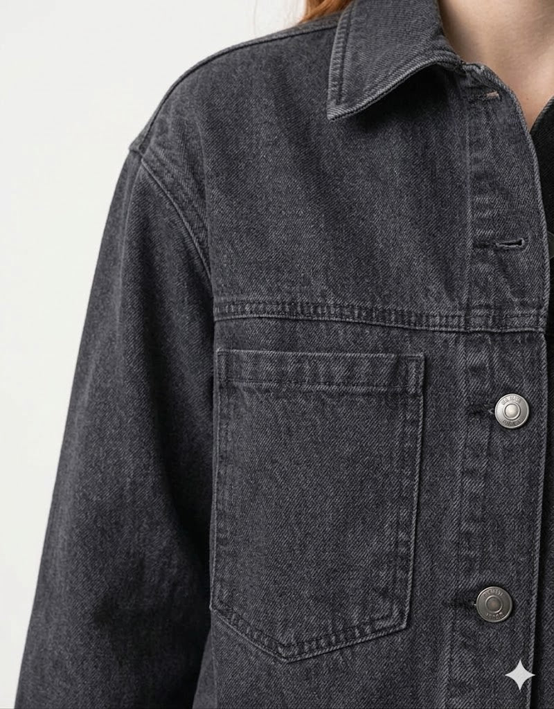 Jaqueta Jeans Oversized Feminina Preta Estonada