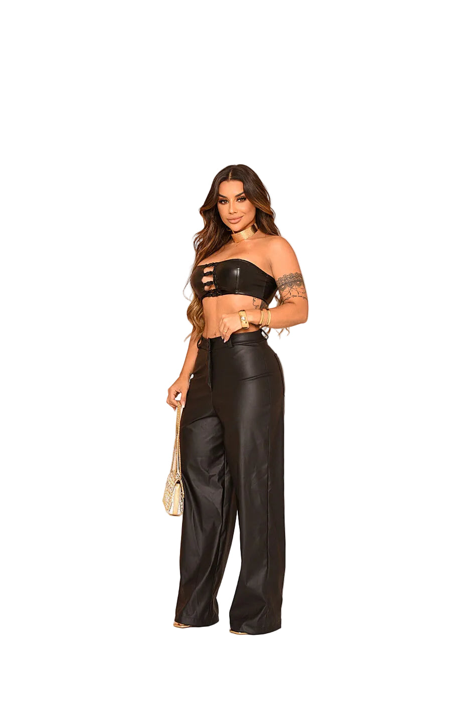Calça Feminina Resinada Cintura Alta Pantalona Couro Sintético