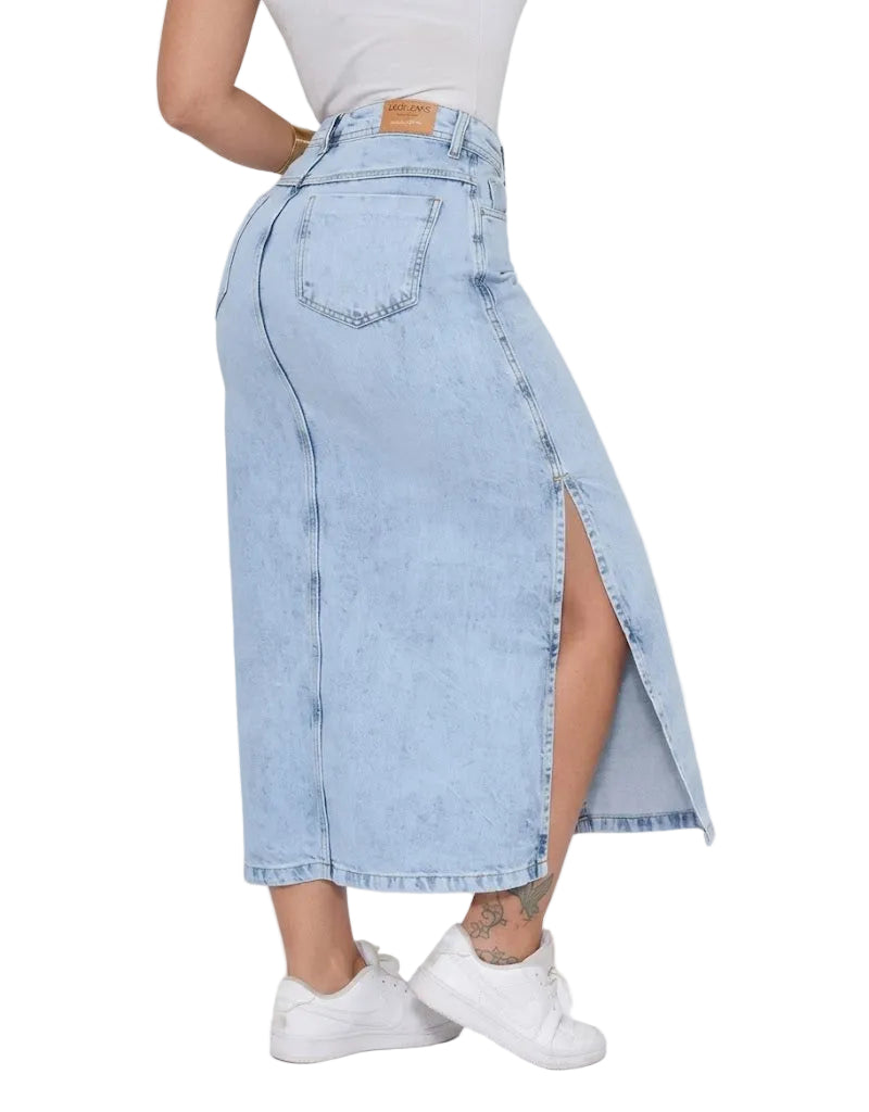 Saia Jeans Feminina Midi Azul Abertura Lateral Cintura Alta