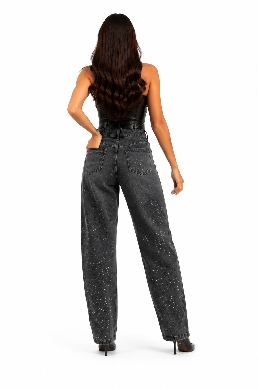 Calça Jeans Barril com Strass Brilhante