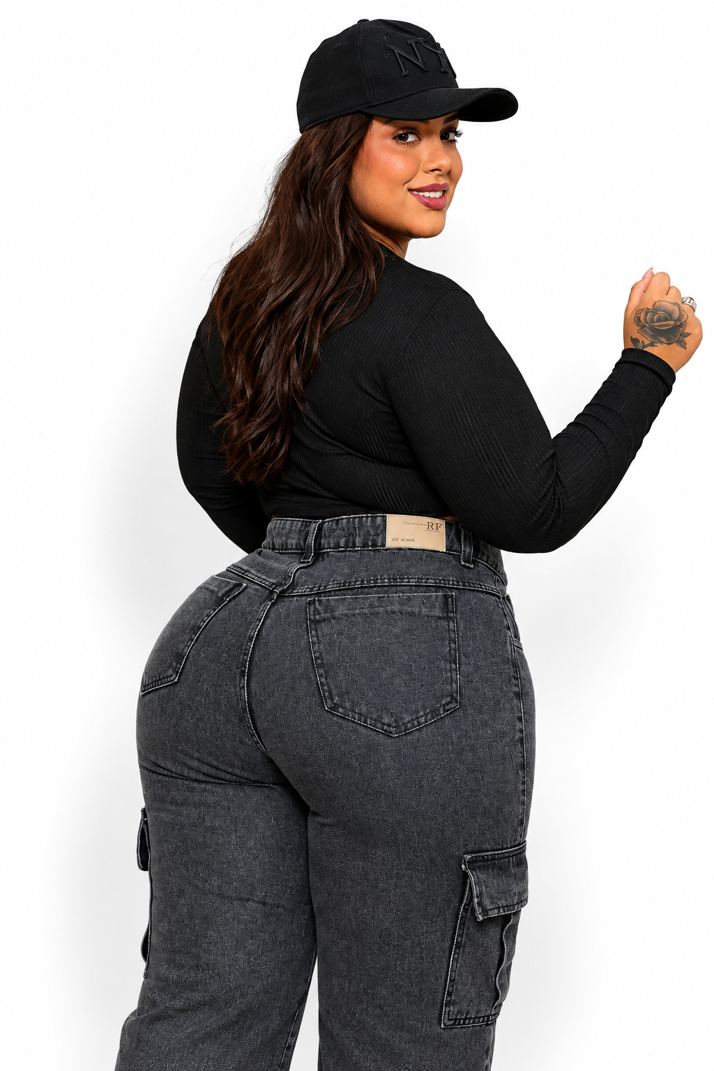 Calça Jeans Wide Leg Cargo Plus Size Cintura Alta