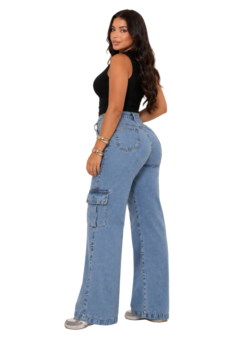 Calça Jeans Wide Leg Feminina Cargo Levanta Bumbum Cintura Alta 100 % Algodão