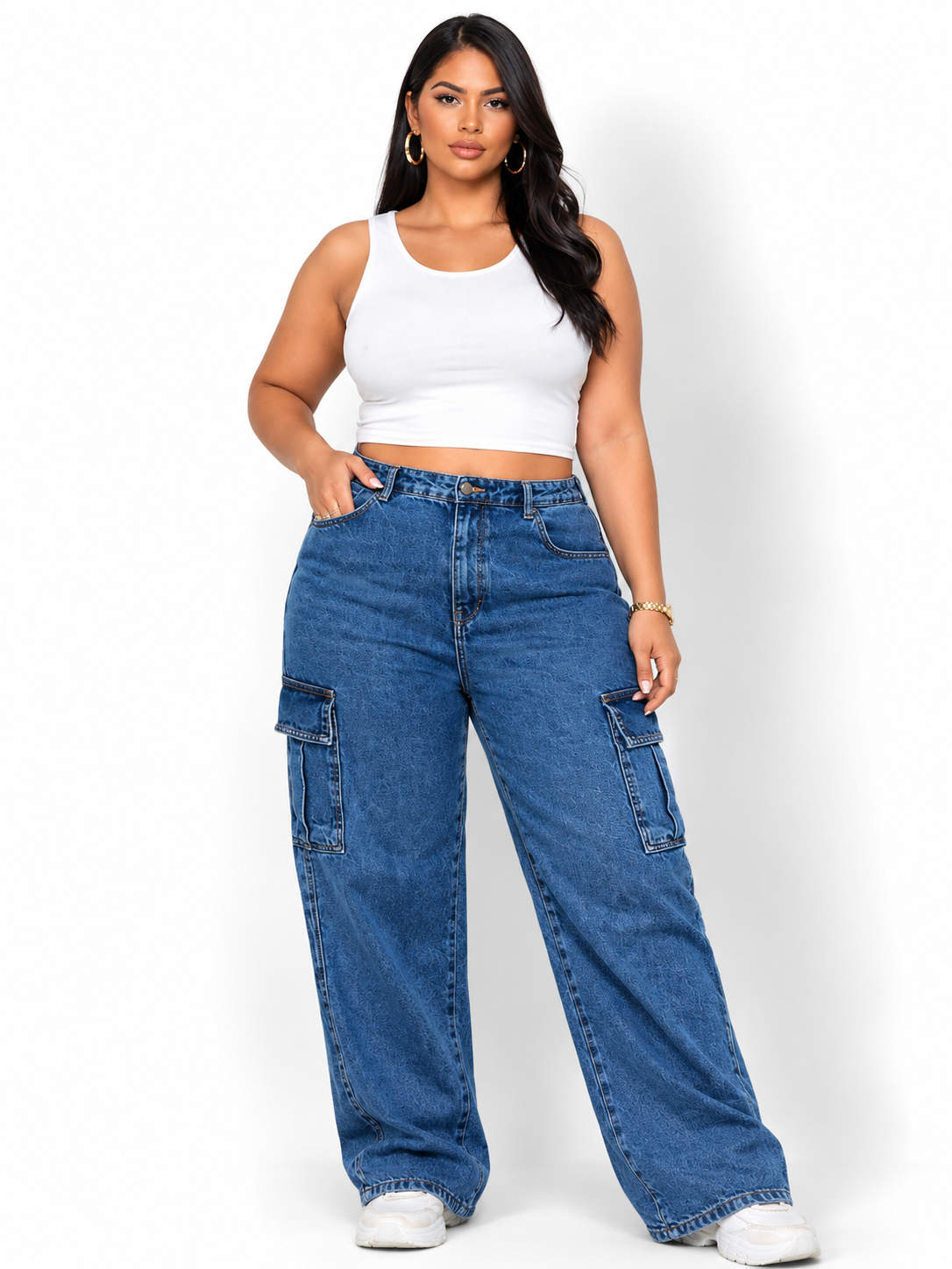 Calça Jeans Wide Cargo Plus Size Empina Bumbum Moda Blogueira