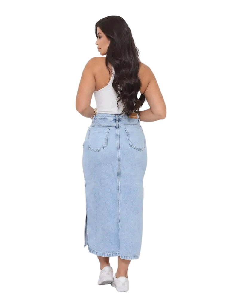 Saia Jeans Feminina Midi Azul Abertura Lateral Cintura Alta