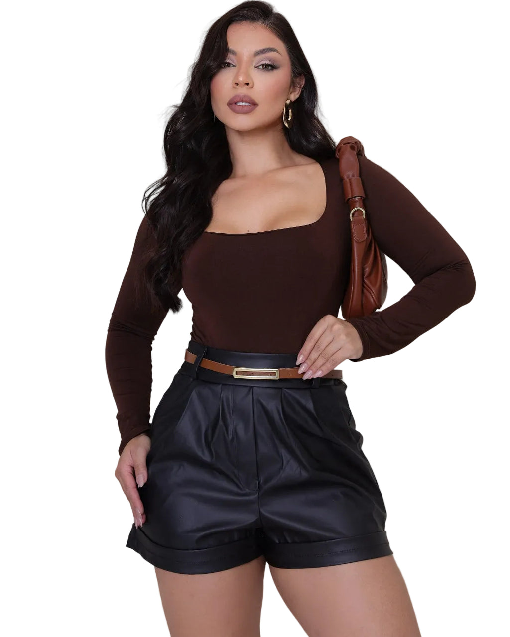 Shorts Feminino Resinado Cintura Alta com Cinto