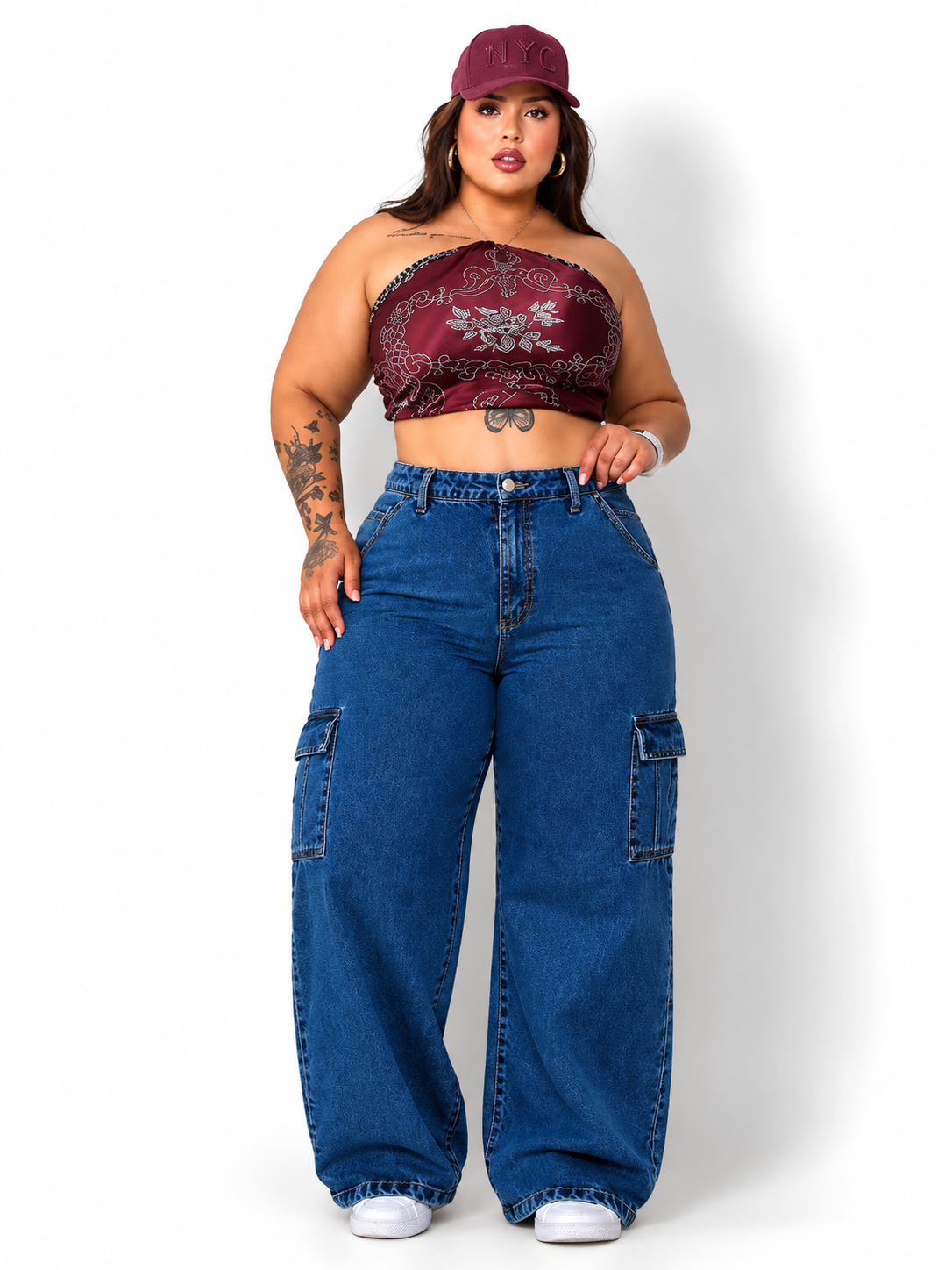 Calça Jeans Wide Cargo Plus Size Empina Bumbum Moda Blogueira