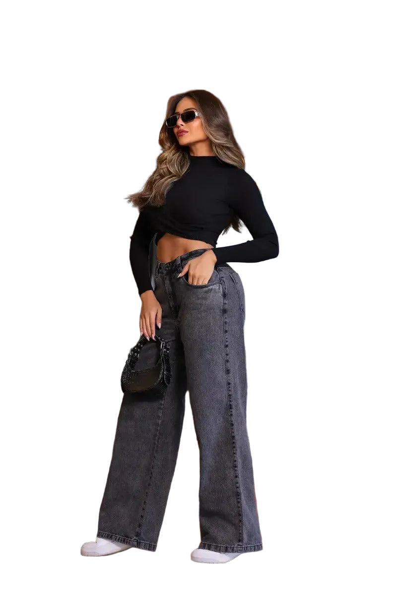 Calça Jeans Wide Leg Cargo Feminino