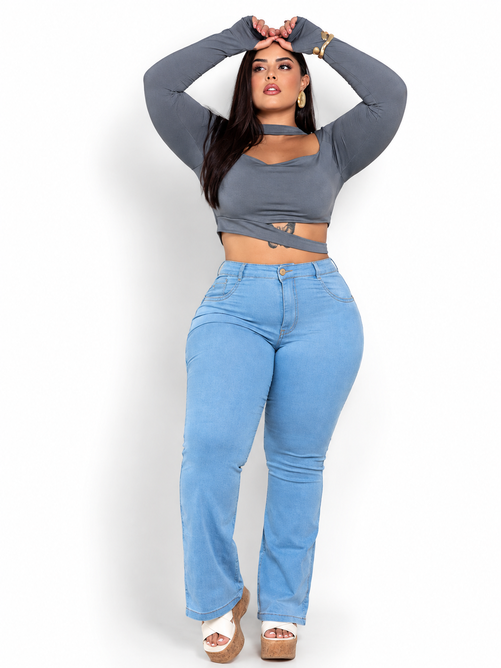 Calça Wide Jeans Plus Size Com Elastano Premium  Zíper Bolso Botão