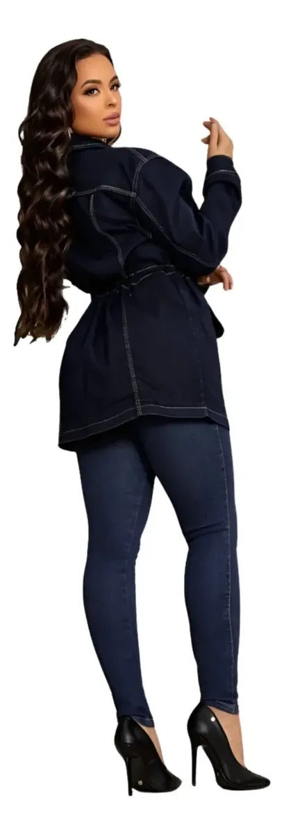 Jaqueta Parka Jeans Feminina Sobretudo Forrado Com Bolsos