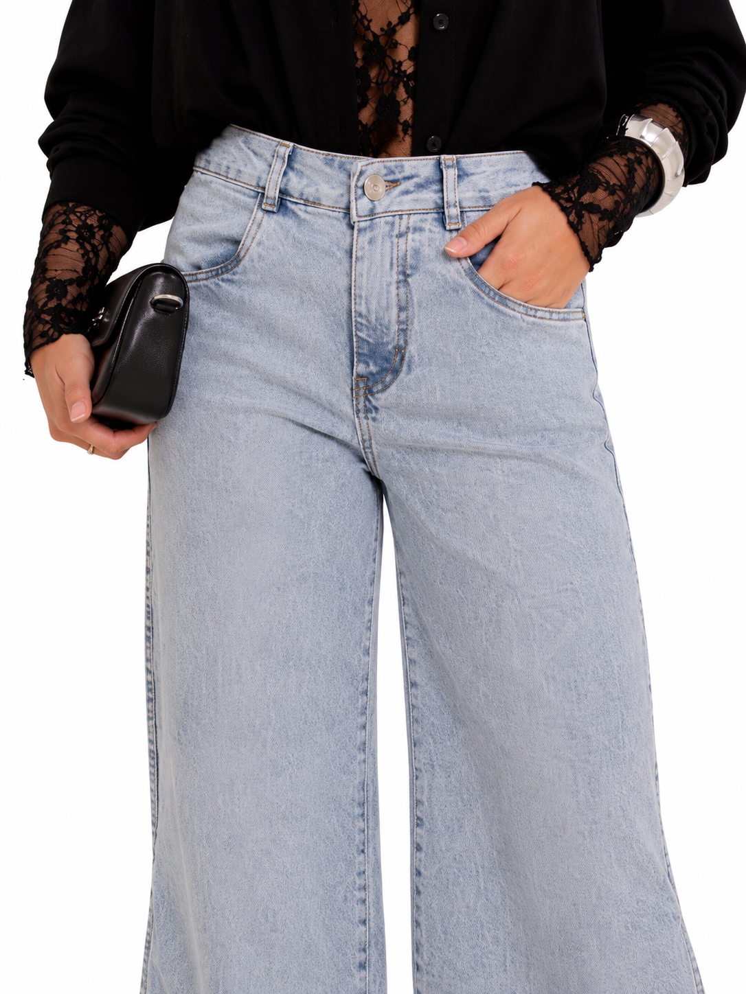 Calça Jeans Feminina Wide Leg Jeans Médio Cintura Alta Pantalona Clara