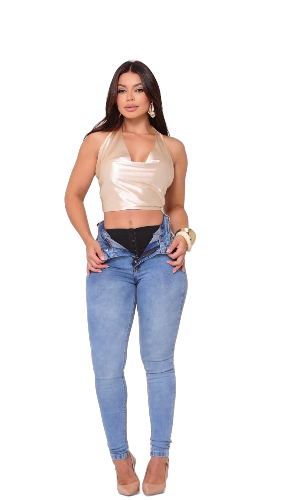 Calça Jeans Feminina Skinny Cinta Interna Modeladora Cintura Alta com Elastano